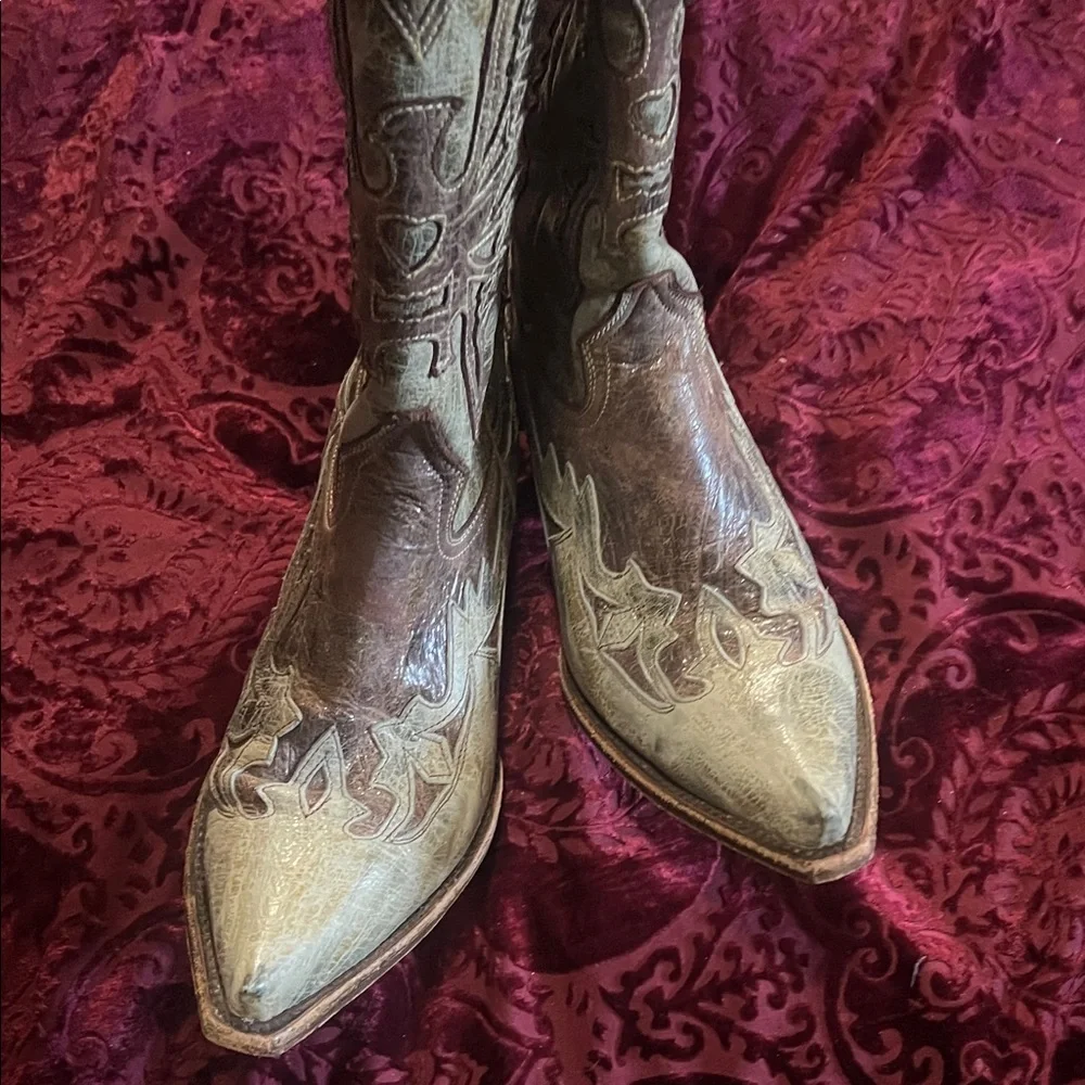 Steve Madden Moss Green Brown Leather Top Stitched Cowboy Boots 10M - Picture 6 of 12